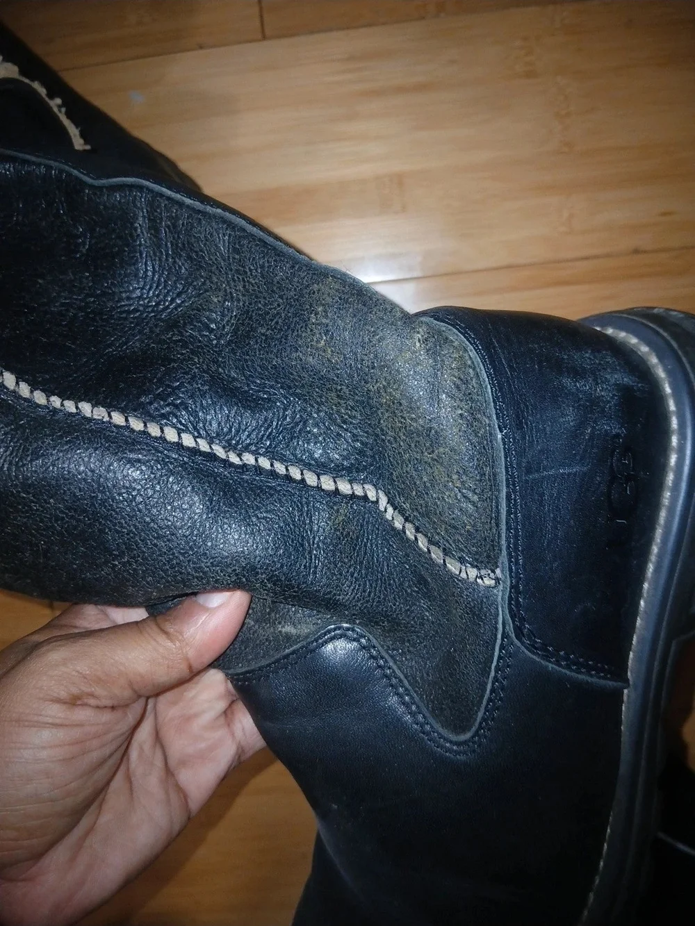 UGG Black Tall Leather Winter Boots with Shearling Trim